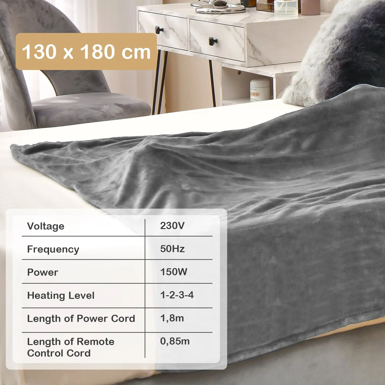 130 x 180 cm Electric Heated Blanket with 4 Heating Levels-Grey