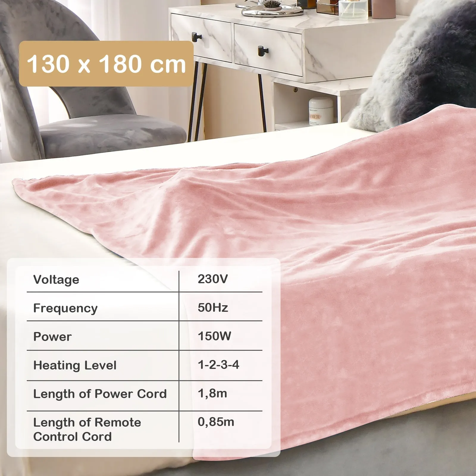 130 x 180 cm Electric Heated Blanket with 4 Heating Levels-Pink