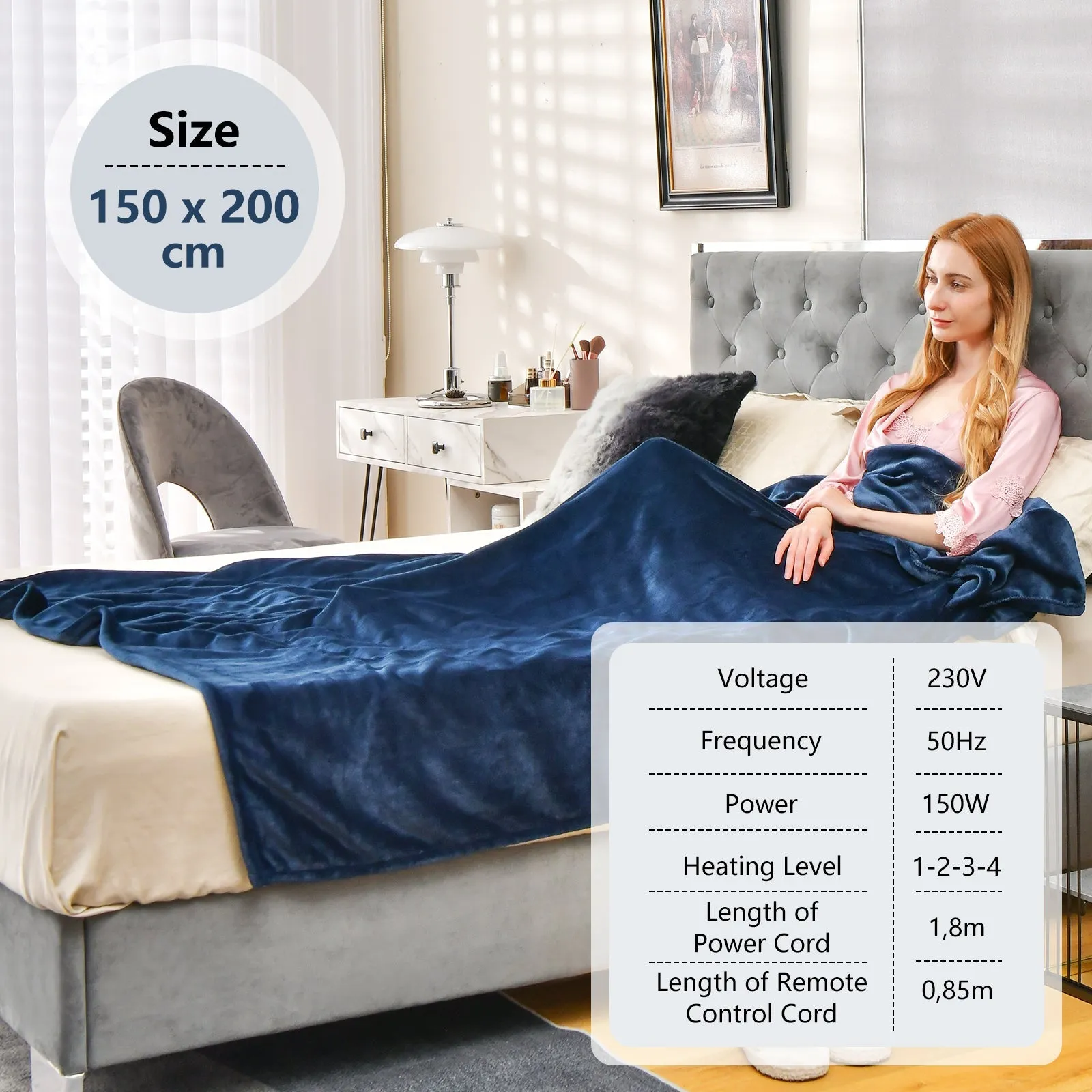 150 x 200 cm Electric Heated Blanket with 4 Heating Levels-Blue