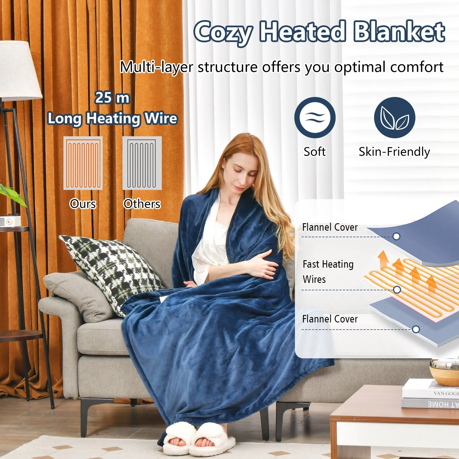 150 x 200 cm Electric Heated Blanket with 4 Heating Levels-Blue