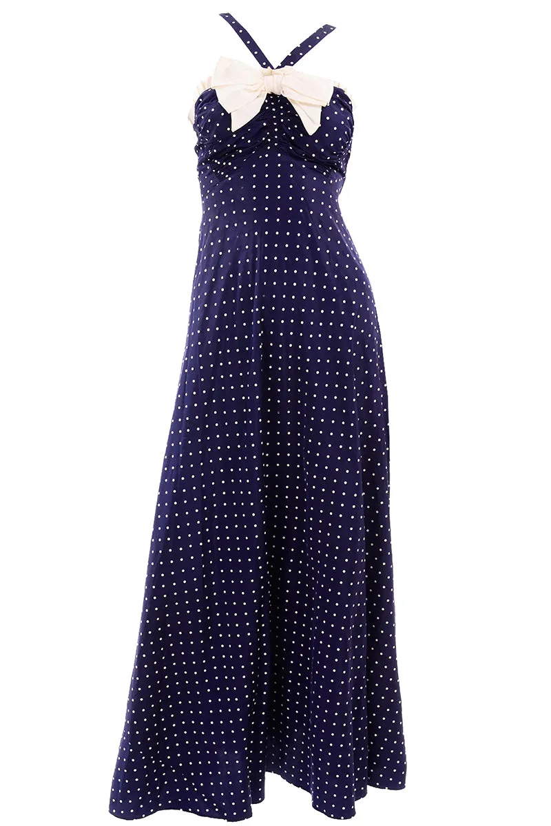 1940s Navy Blue & White Polka Dot Halter Dress w/ Bolero Jacket