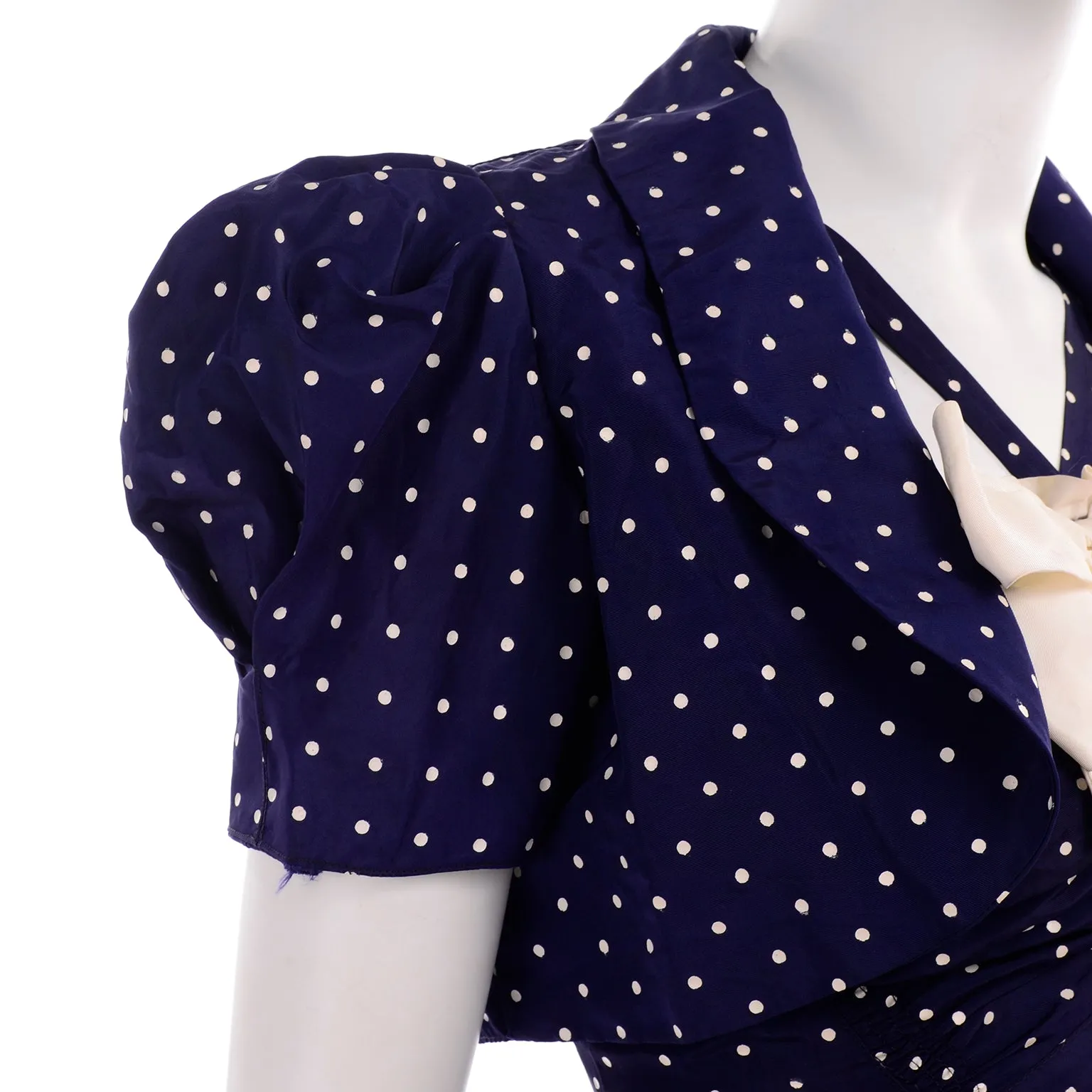 1940s Navy Blue & White Polka Dot Halter Dress w/ Bolero Jacket