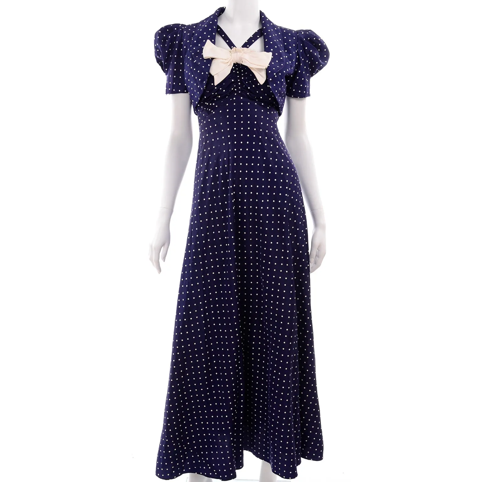 1940s Navy Blue & White Polka Dot Halter Dress w/ Bolero Jacket