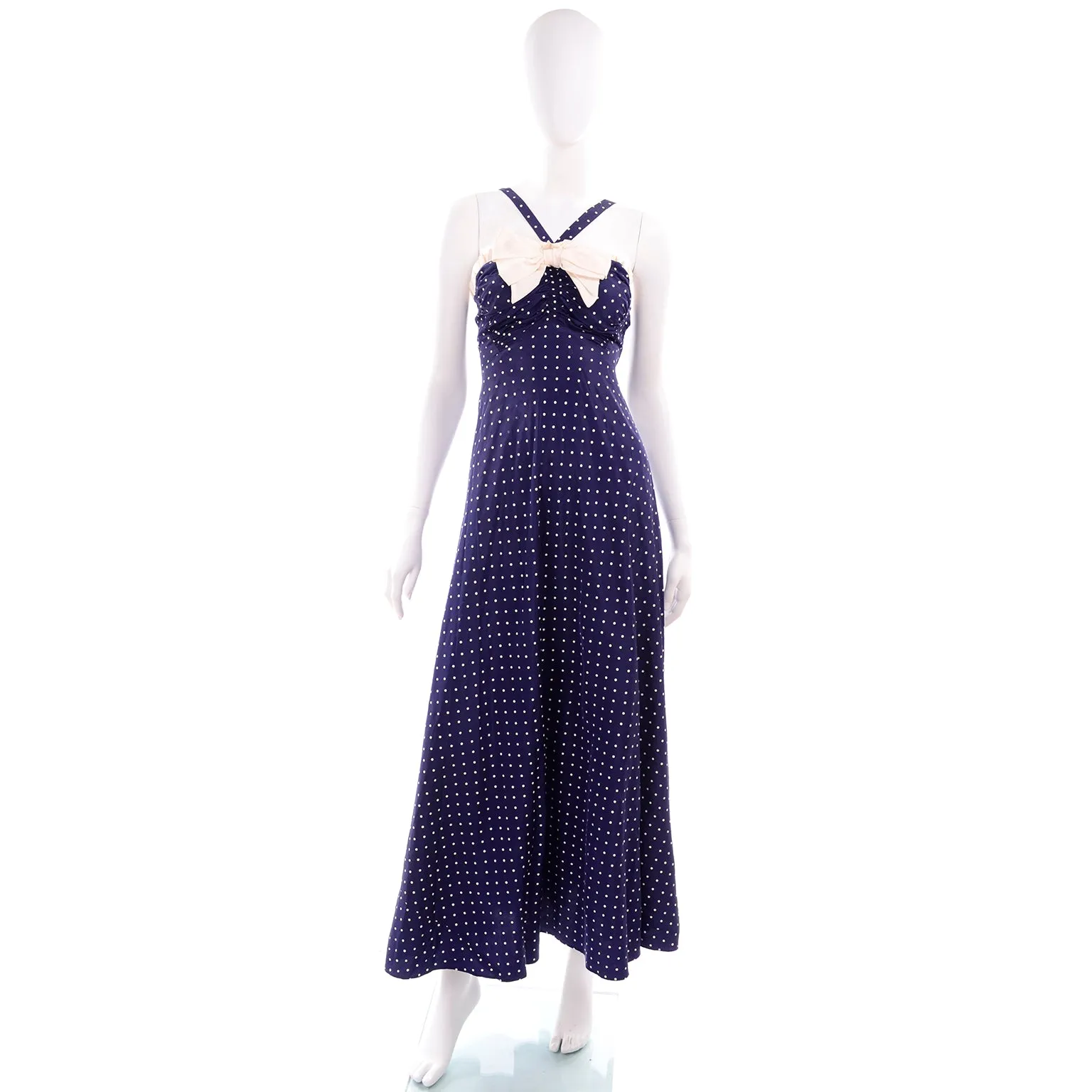 1940s Navy Blue & White Polka Dot Halter Dress w/ Bolero Jacket