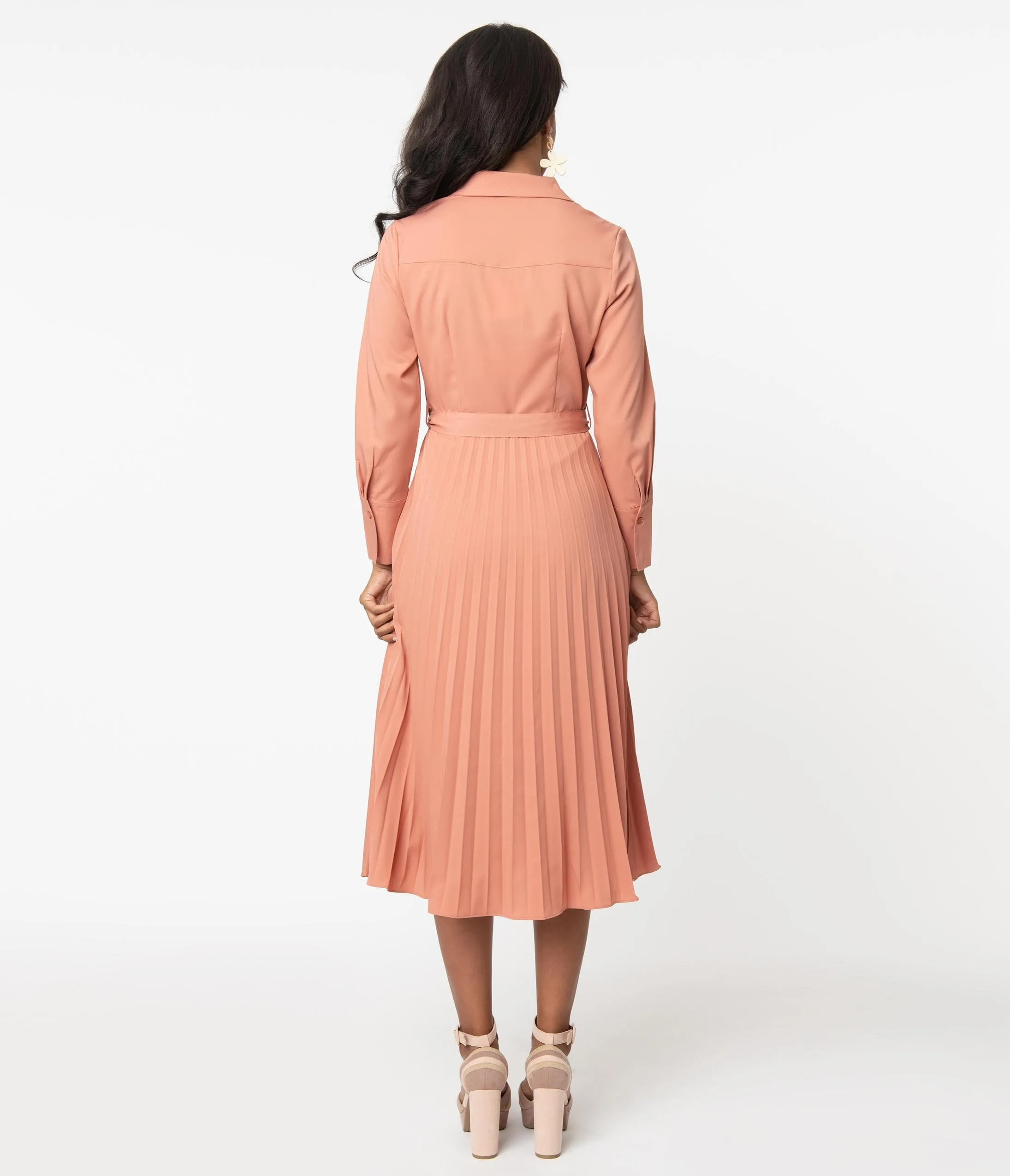 1940s Style Dusty Rose Pleated Midi Dress