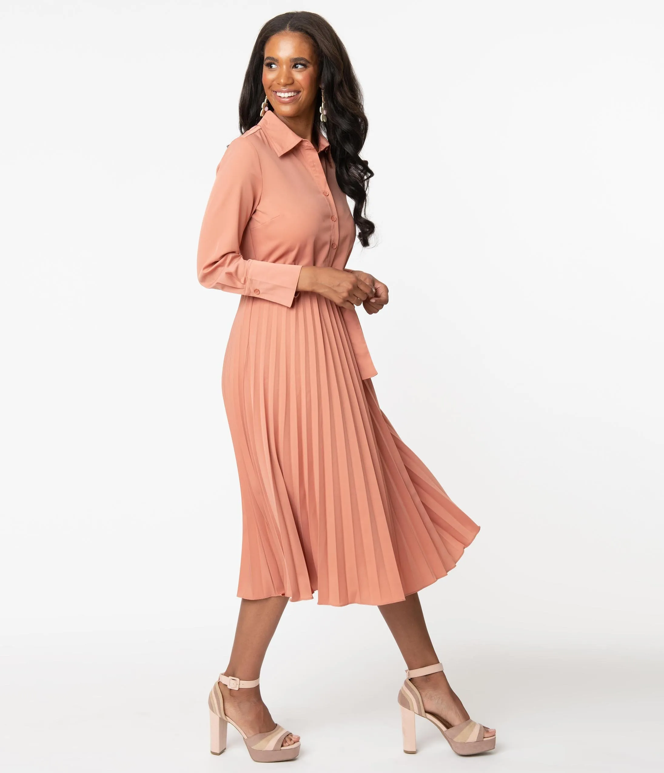 1940s Style Dusty Rose Pleated Midi Dress