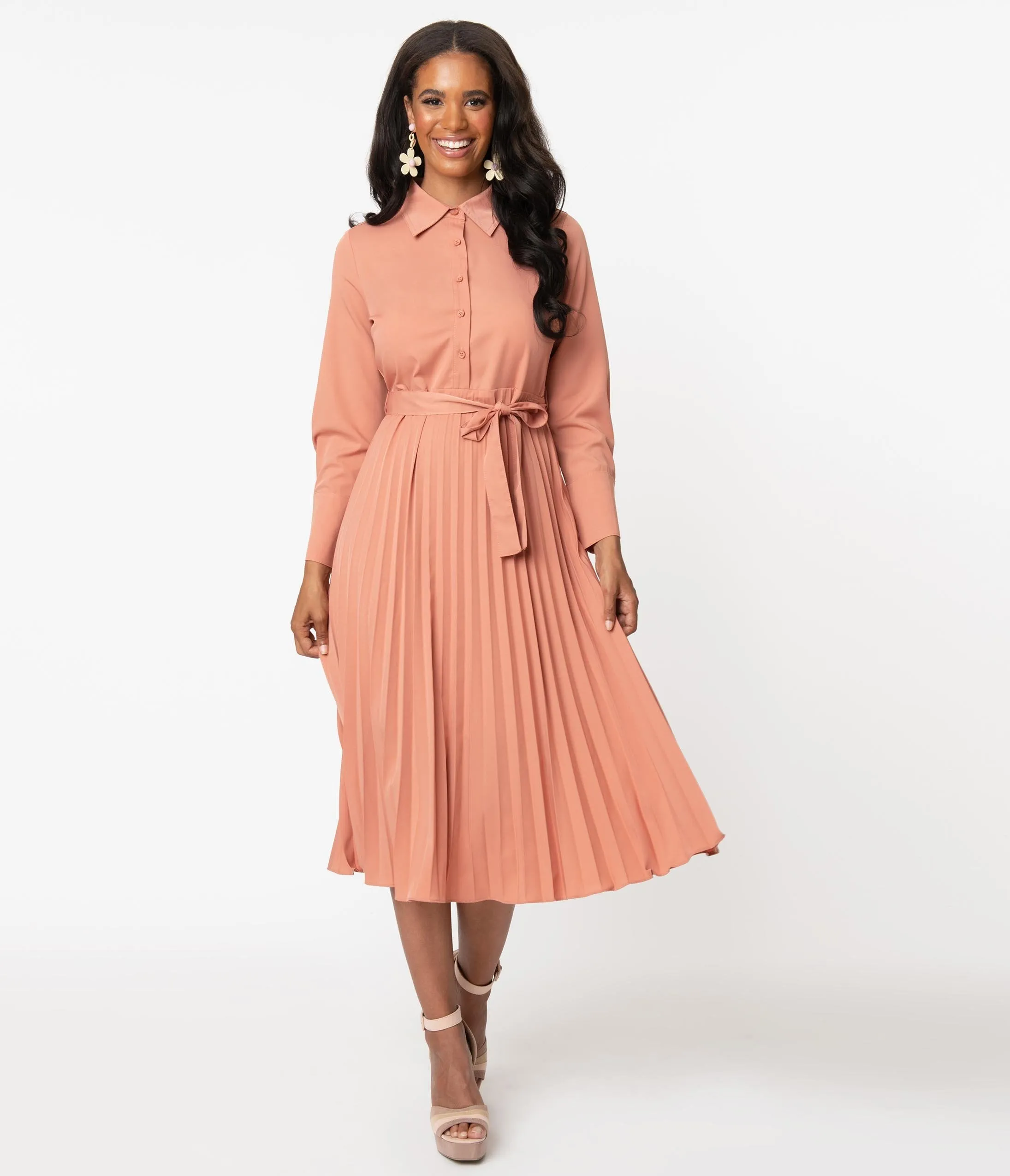 1940s Style Dusty Rose Pleated Midi Dress