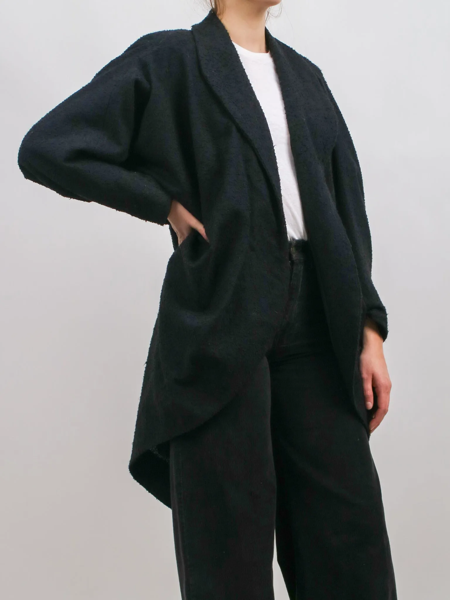 1960s Does Black Boucle Wool Batwing Overcoat