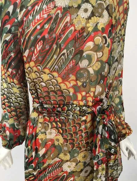 1970s Anthony Muto Multicolor Chiffon Print Maxi Dress