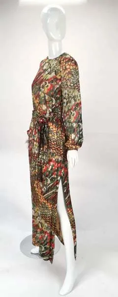 1970s Anthony Muto Multicolor Chiffon Print Maxi Dress