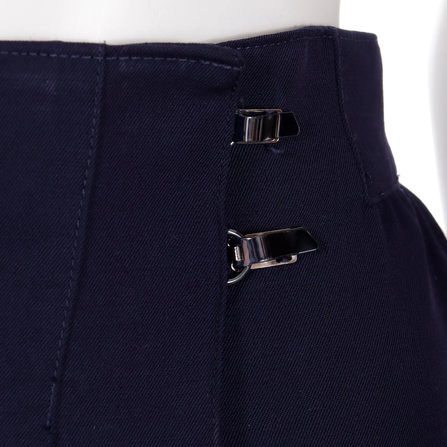 1980s Claude Montana Asymmetrical Pleated Navy Blue Wool Skirt