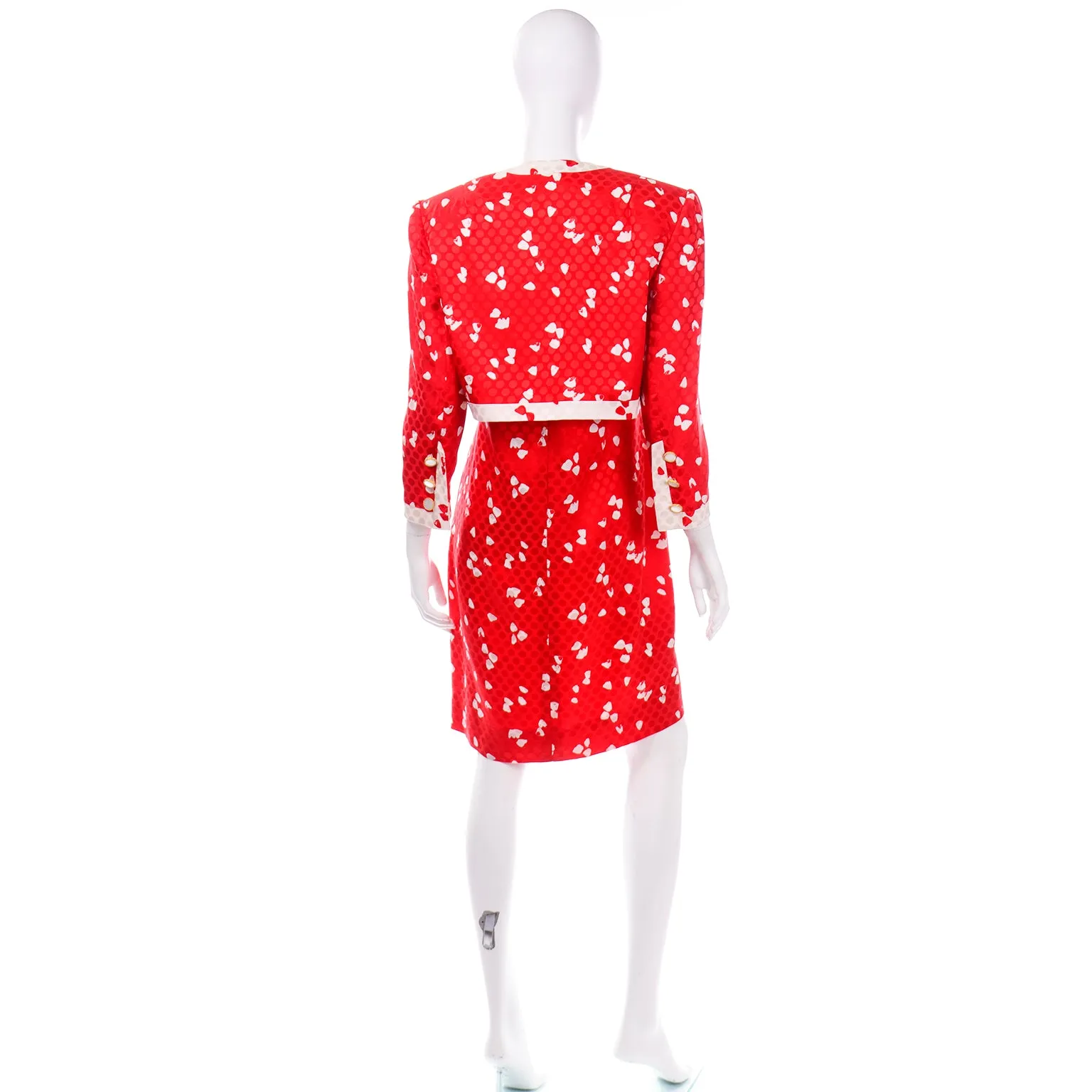 1980s David Hayes Red & White Print Dress & Cropped Jacket