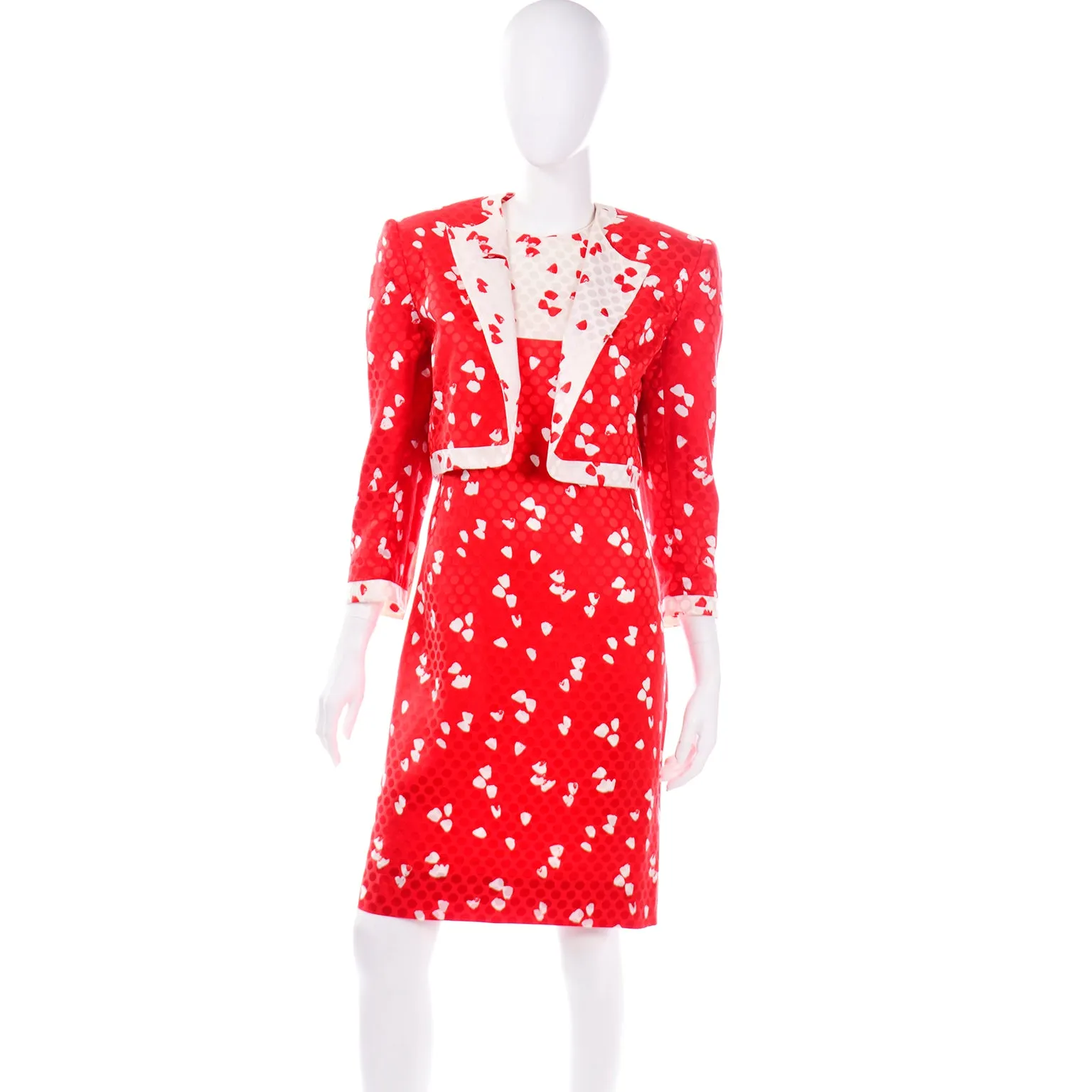 1980s David Hayes Red & White Print Dress & Cropped Jacket