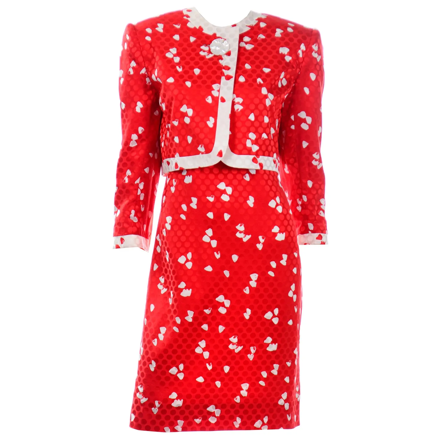 1980s David Hayes Red & White Print Dress & Cropped Jacket