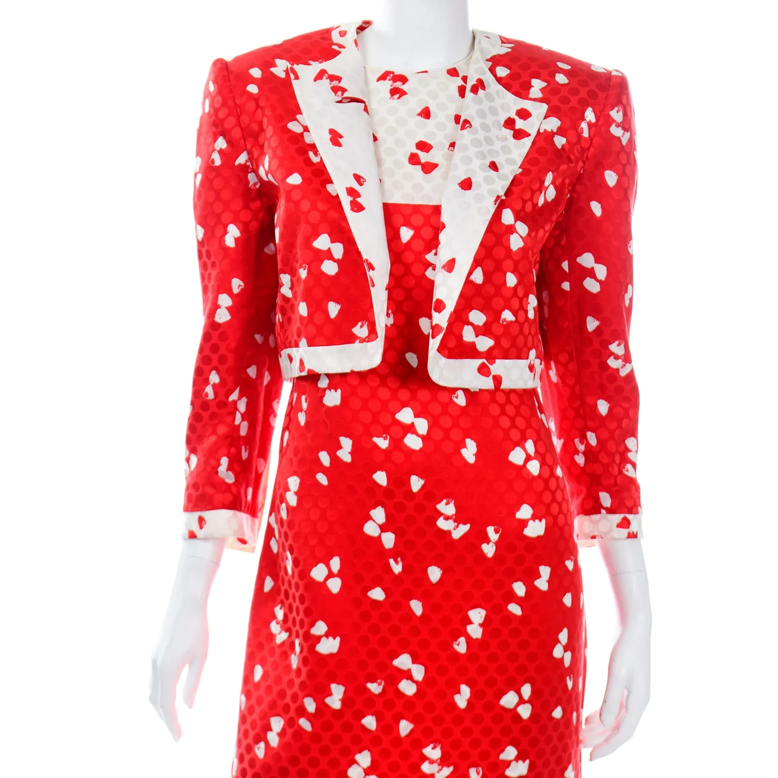 1980s David Hayes Red & White Print Dress & Cropped Jacket