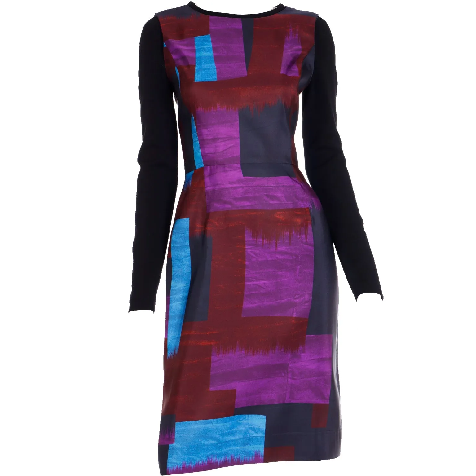 2010s Oscar de la Renta Purple & Blue Colorful Abstract Print Silk Dress