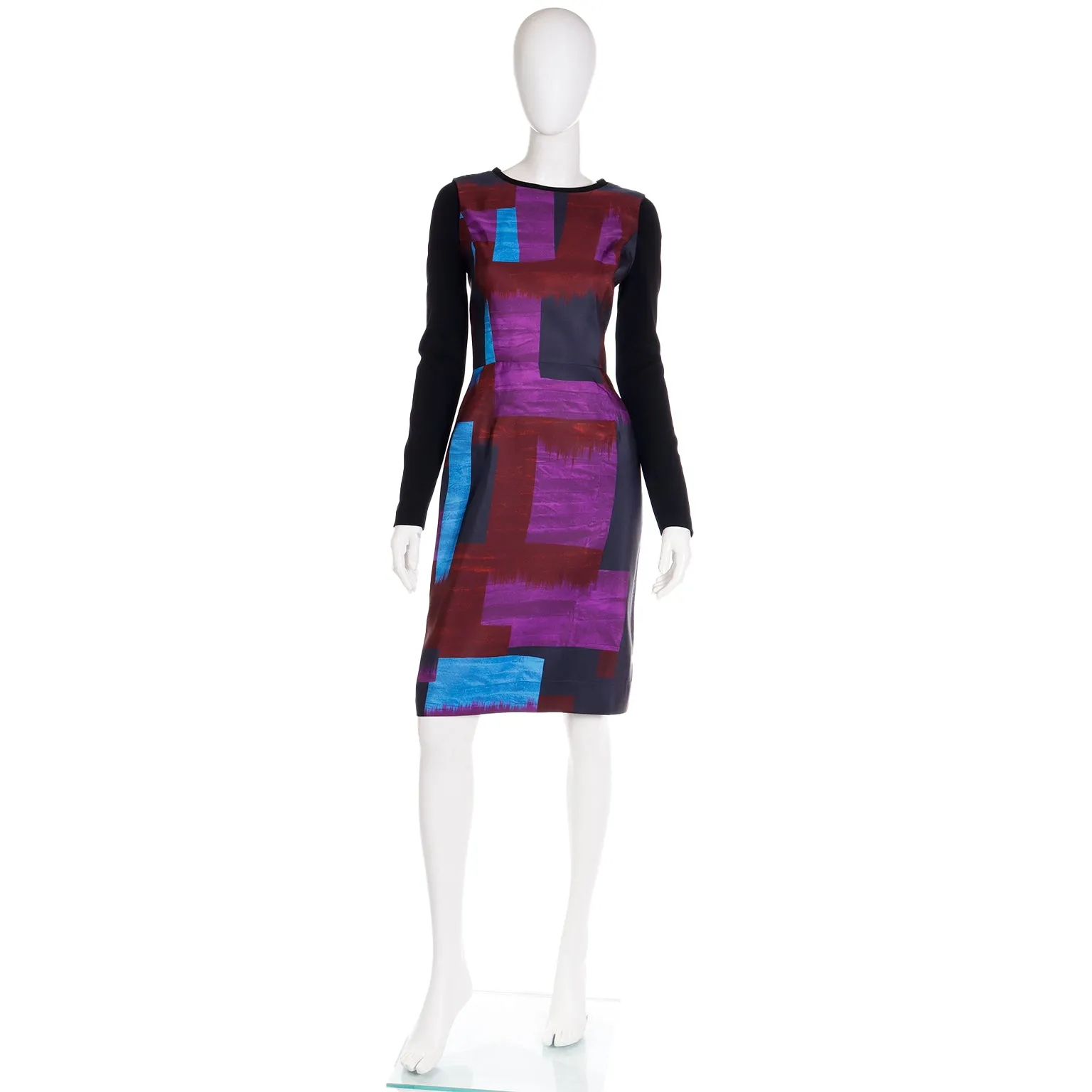 2010s Oscar de la Renta Purple & Blue Colorful Abstract Print Silk Dress