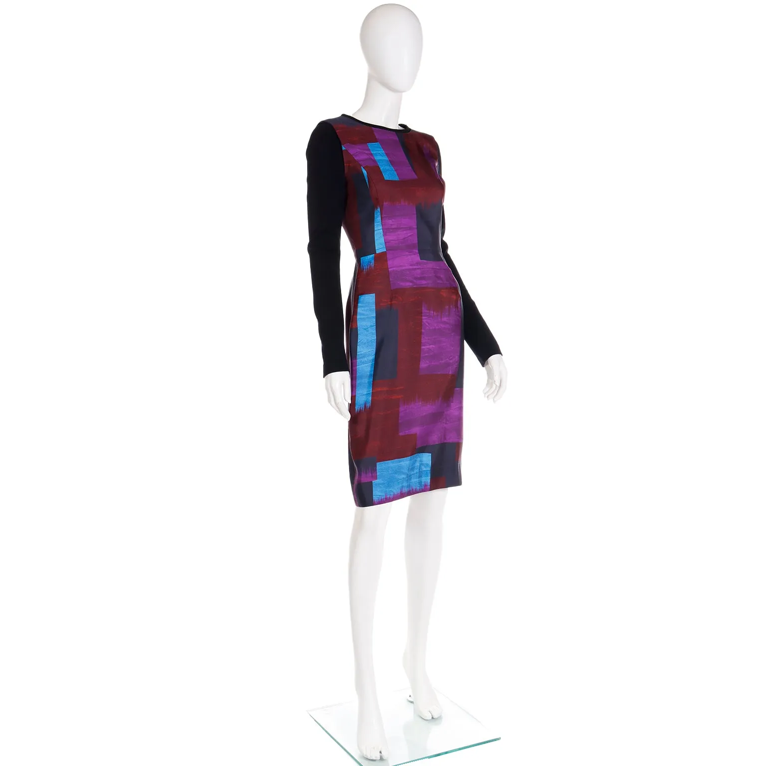 2010s Oscar de la Renta Purple & Blue Colorful Abstract Print Silk Dress