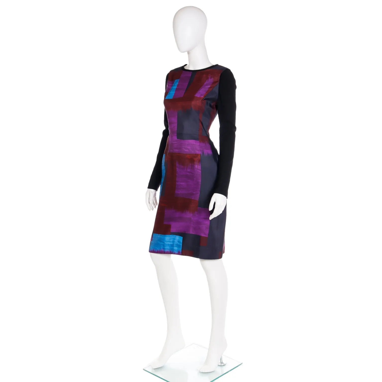 2010s Oscar de la Renta Purple & Blue Colorful Abstract Print Silk Dress