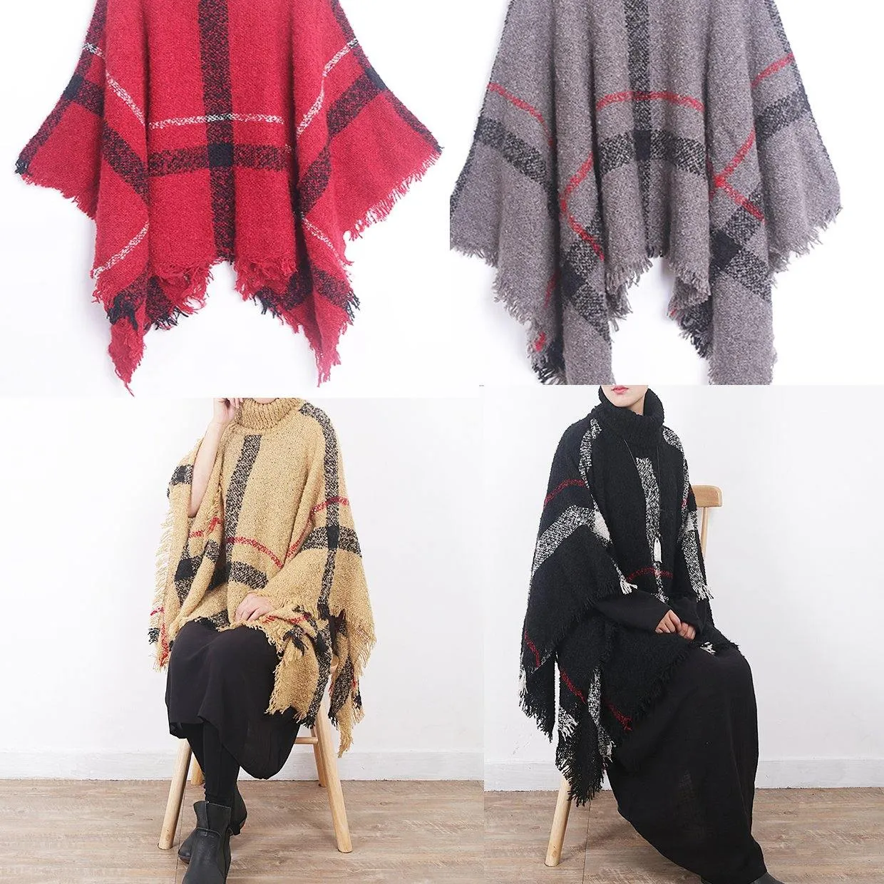 2019 yellow original cloak shawl plaid high neck oversize sweater