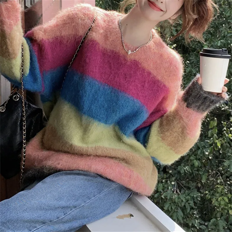 2024 autumn and winter new versatile rainbow contrasting color striped crew neck sweater women's winter new design sense niche loose