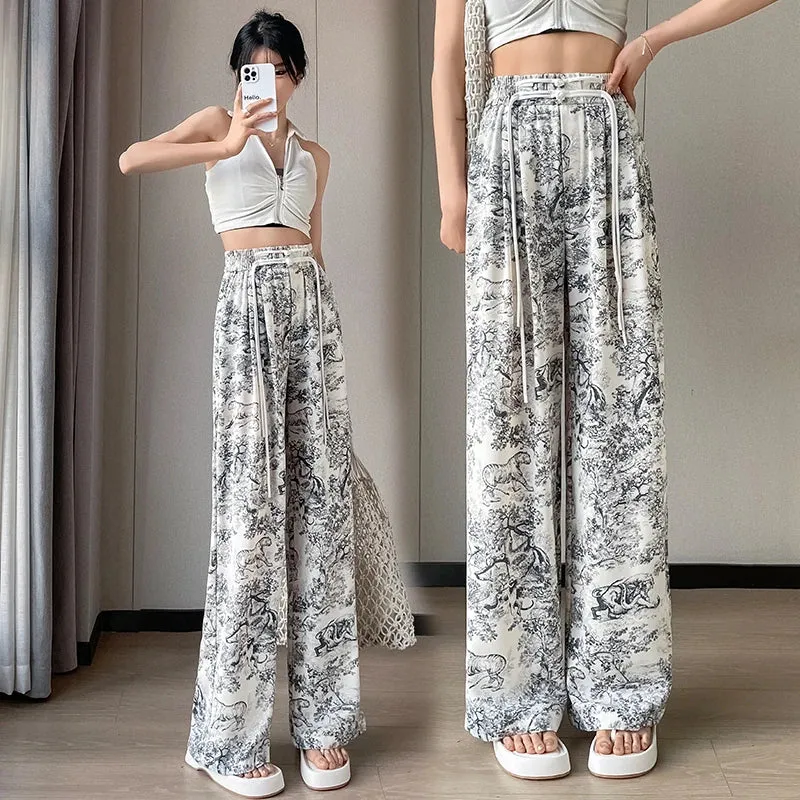 2024 New Waist Casual Summer Slacks Pants Women Ice Silk Ankle-Length Long Pants