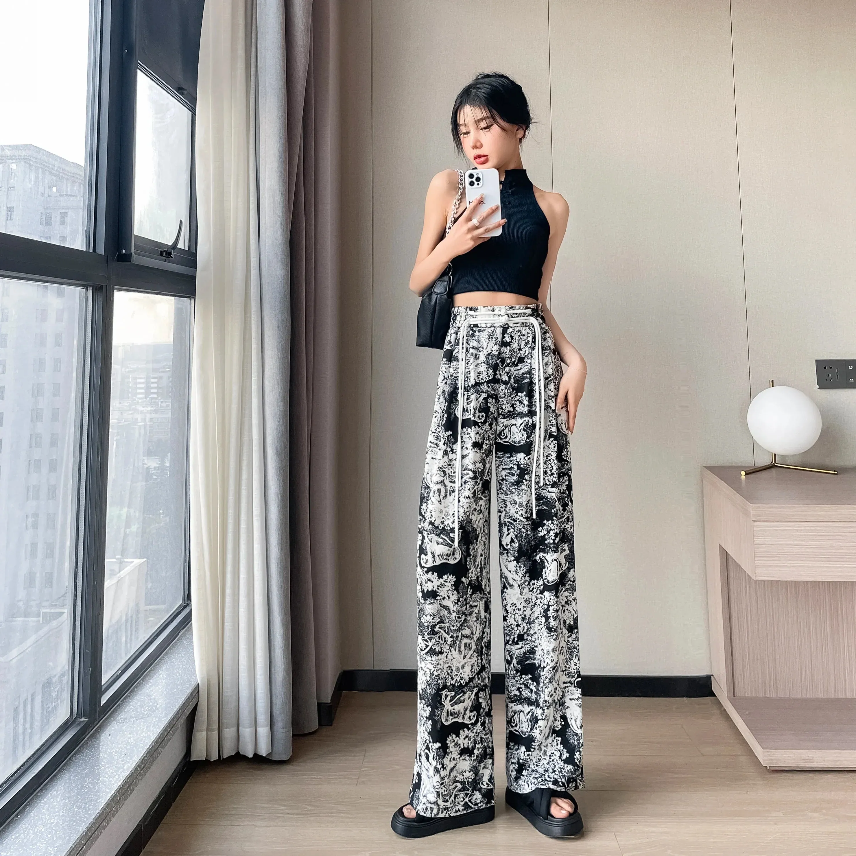 2024 New Waist Casual Summer Slacks Pants Women Ice Silk Ankle-Length Long Pants