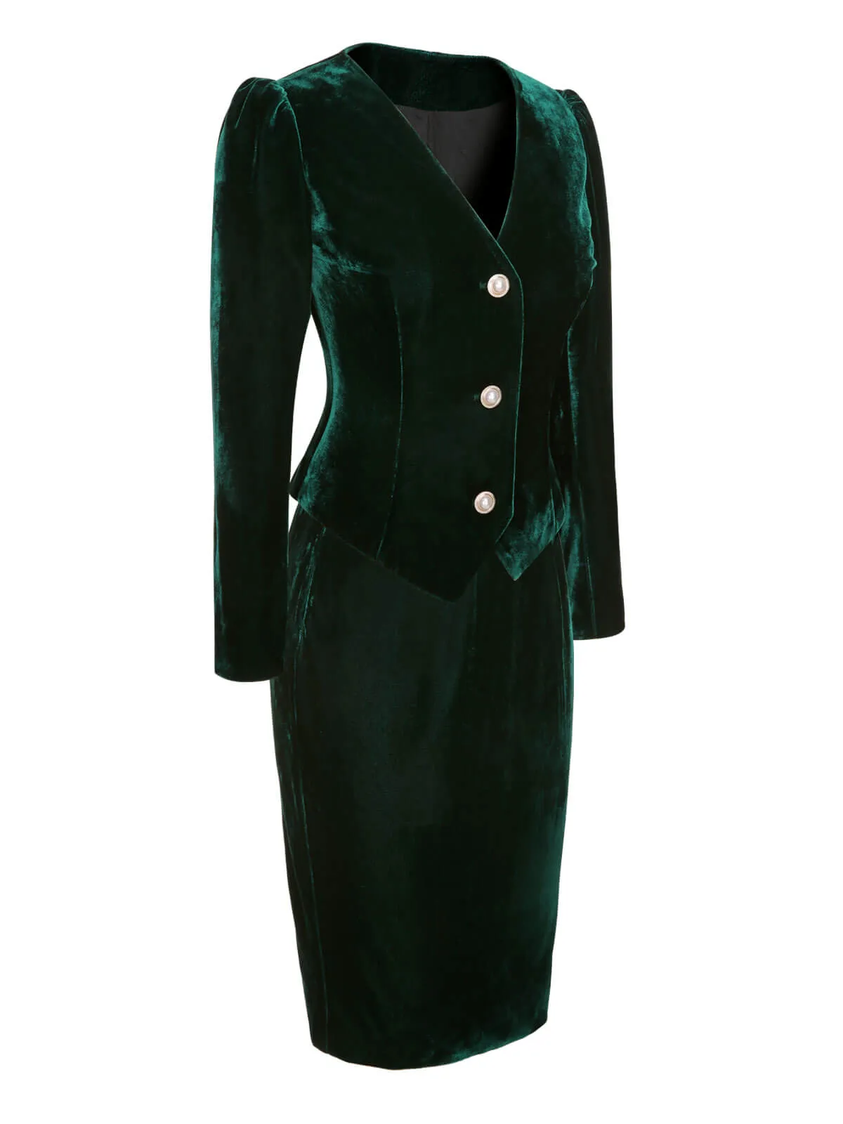 2PCS Green 1960s Velvet Coat & Pencil Skirt