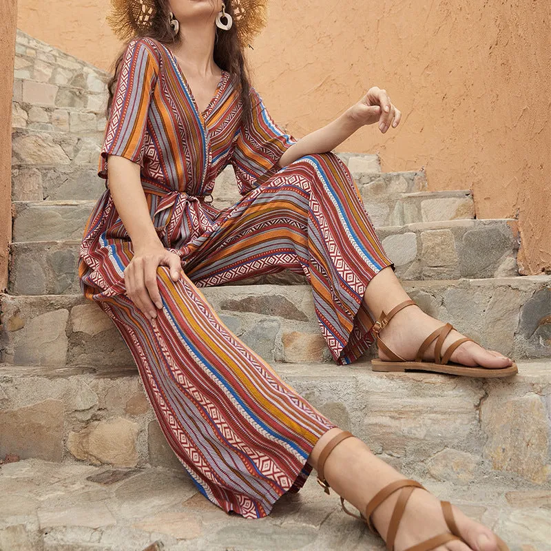 70s style Bohemian Jumpsuit Ladies Chic Waist