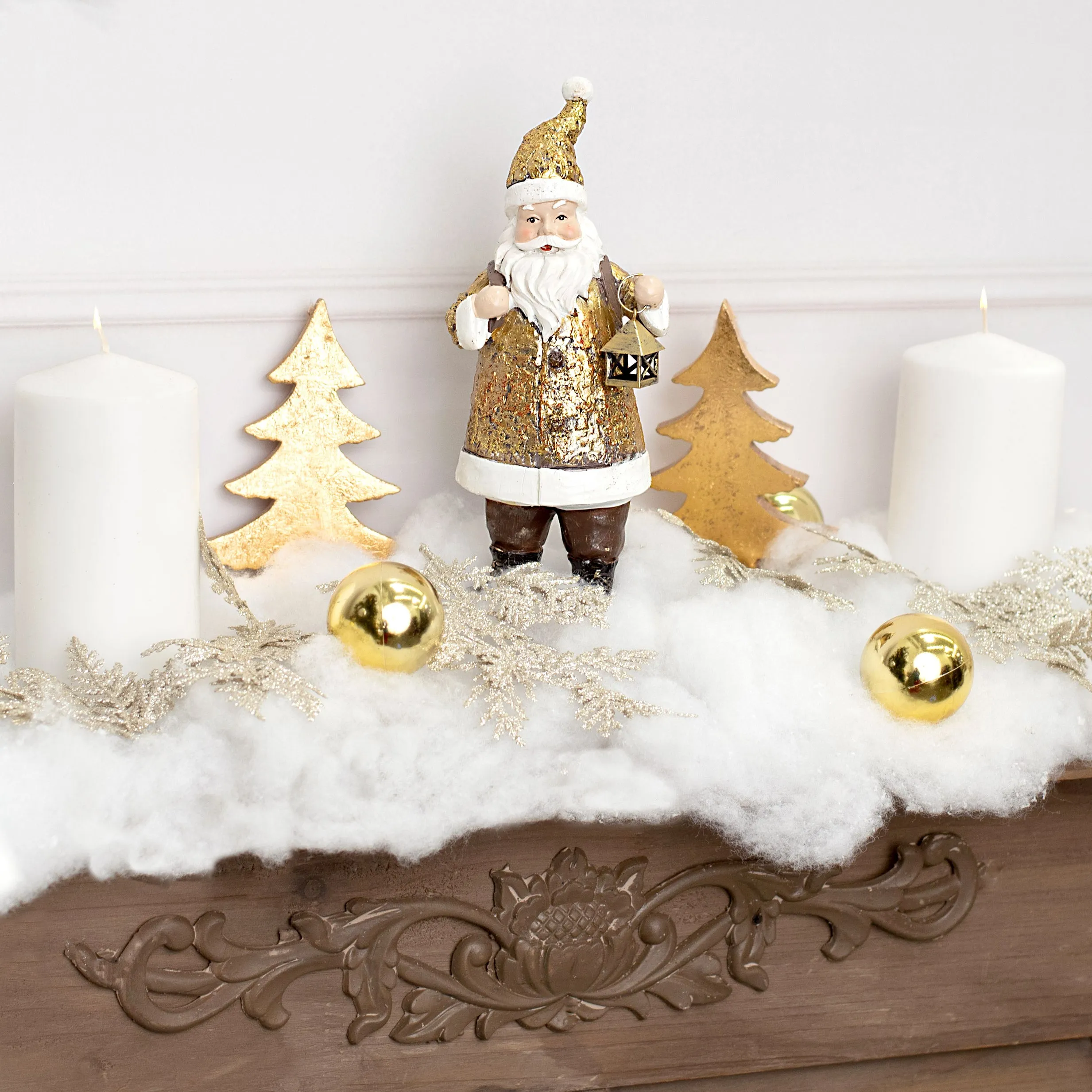 9.25" Resin Santa With Lantern Figurine: Antique Gold