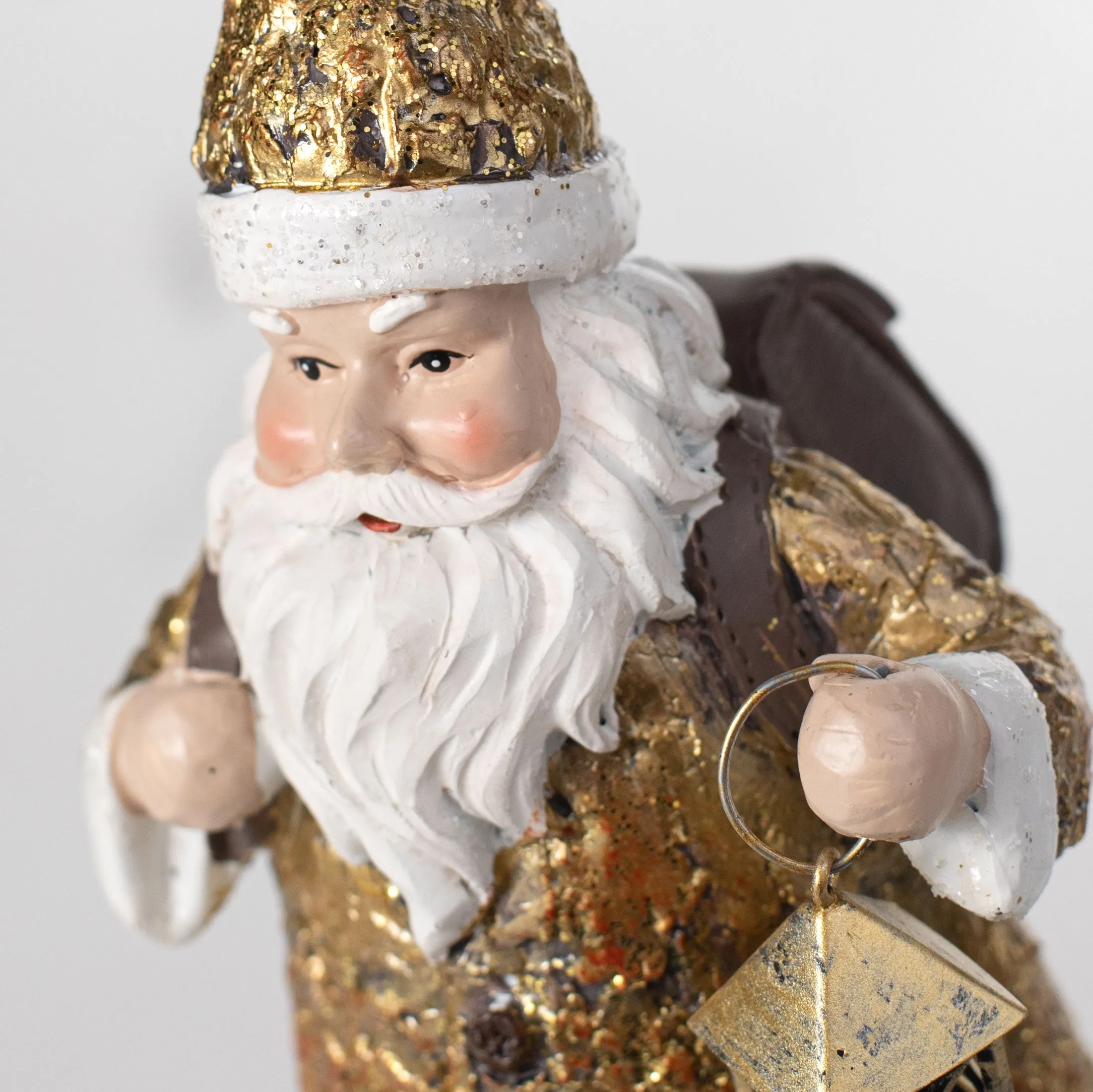 9.25" Resin Santa With Lantern Figurine: Antique Gold