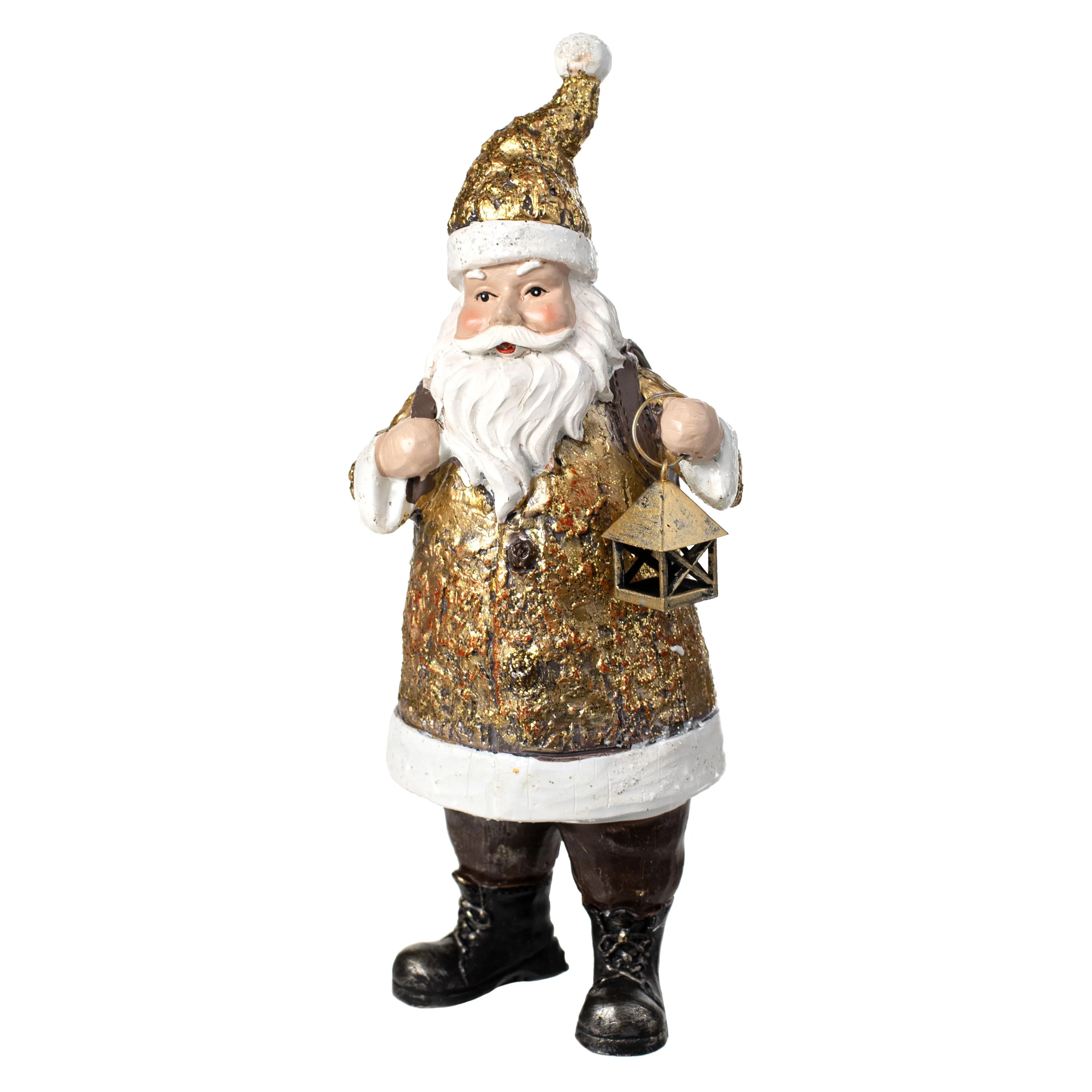 9.25" Resin Santa With Lantern Figurine: Antique Gold