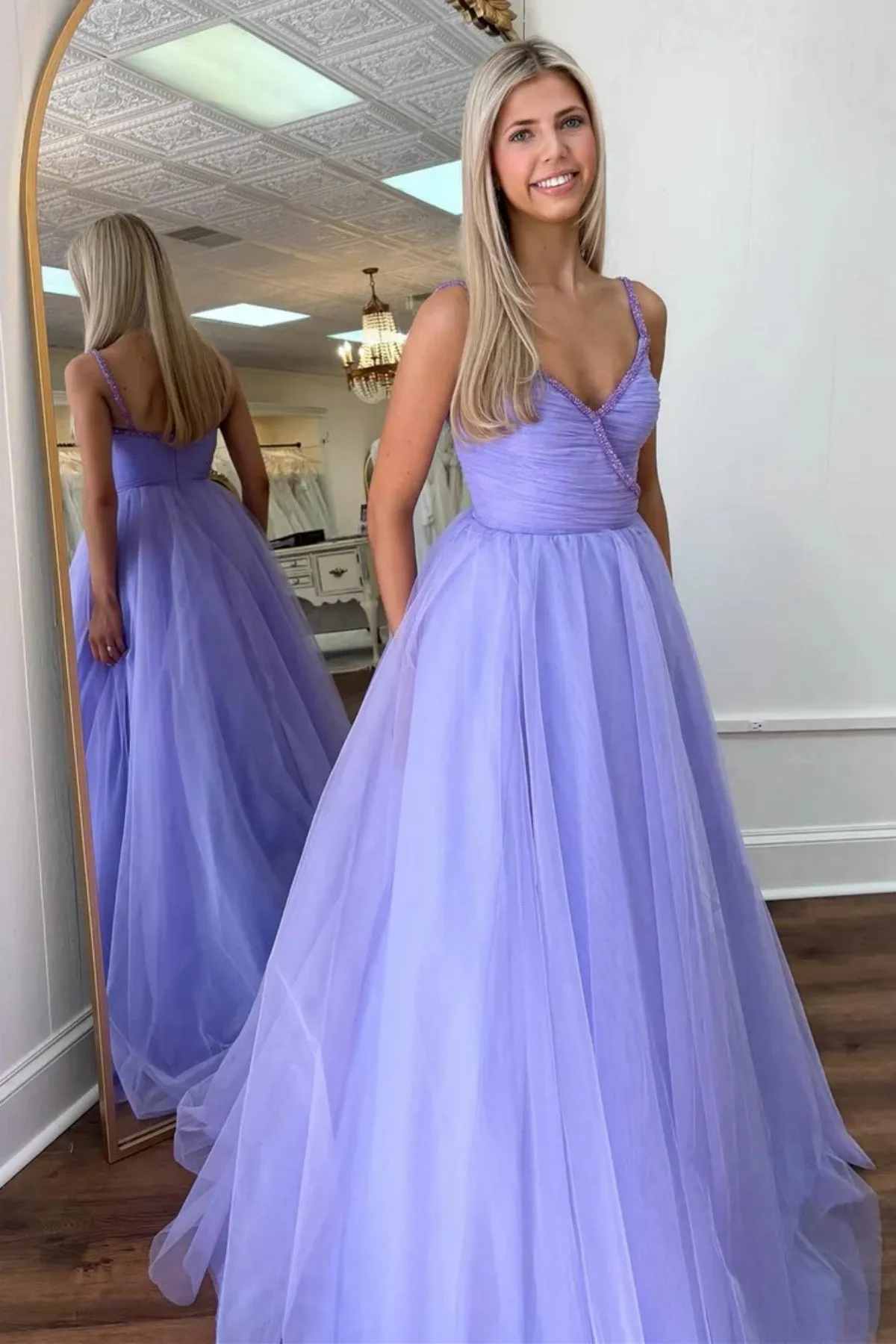 A Line V Neck Open Back Beaded Surplice Lavender Long Prom Dress, Lavender Tulle Formal Graduation Evening Dress A2170