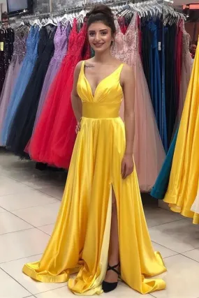 A Line V Neck Open Back Yellow/Burgundy/Blue Long Prom Dress with Leg Slit, Yellow/Burgundy/Blue Formal Graduation Evening Dress A1523