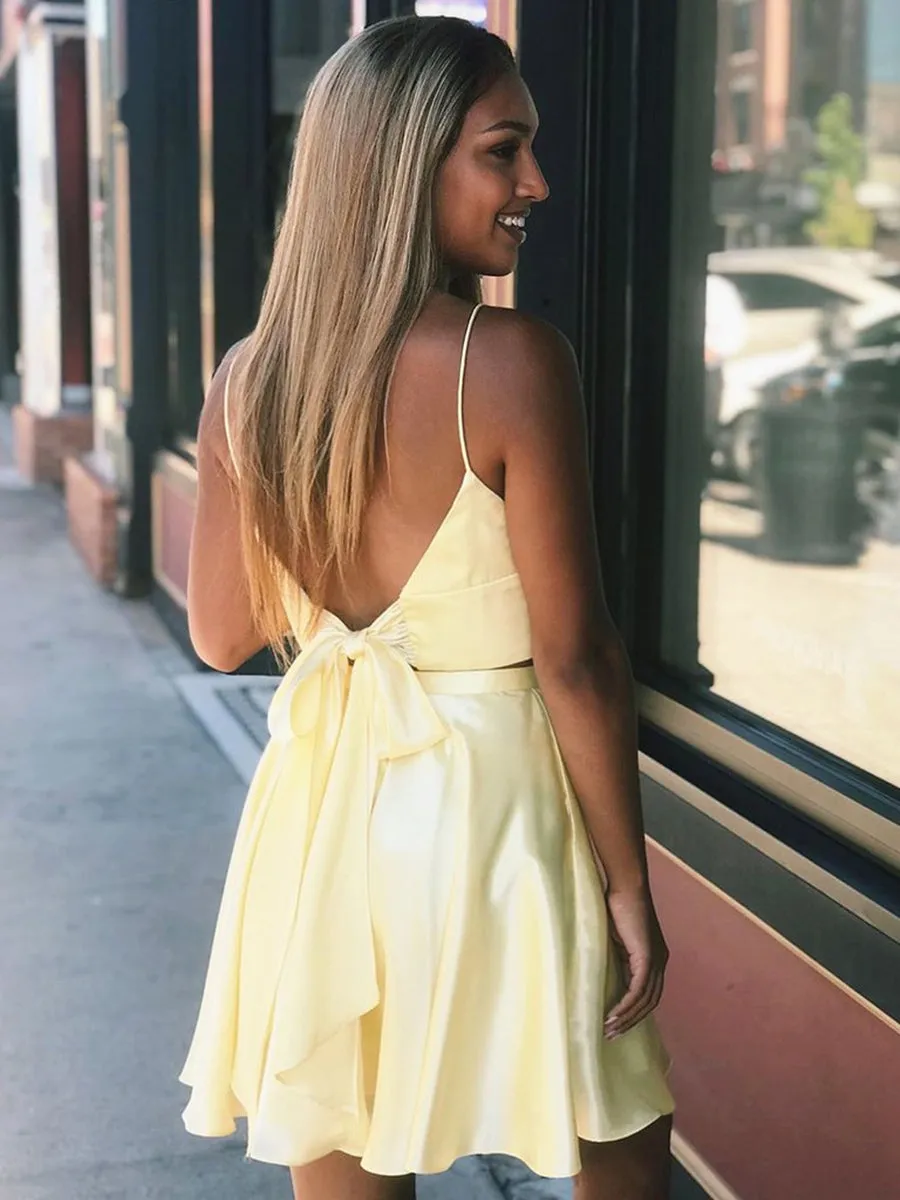 A Line V Neck Two Pieces Backless Yellow Short Prom Homecoming with Slit, Two Piece Yellow Formal Graduation Evening