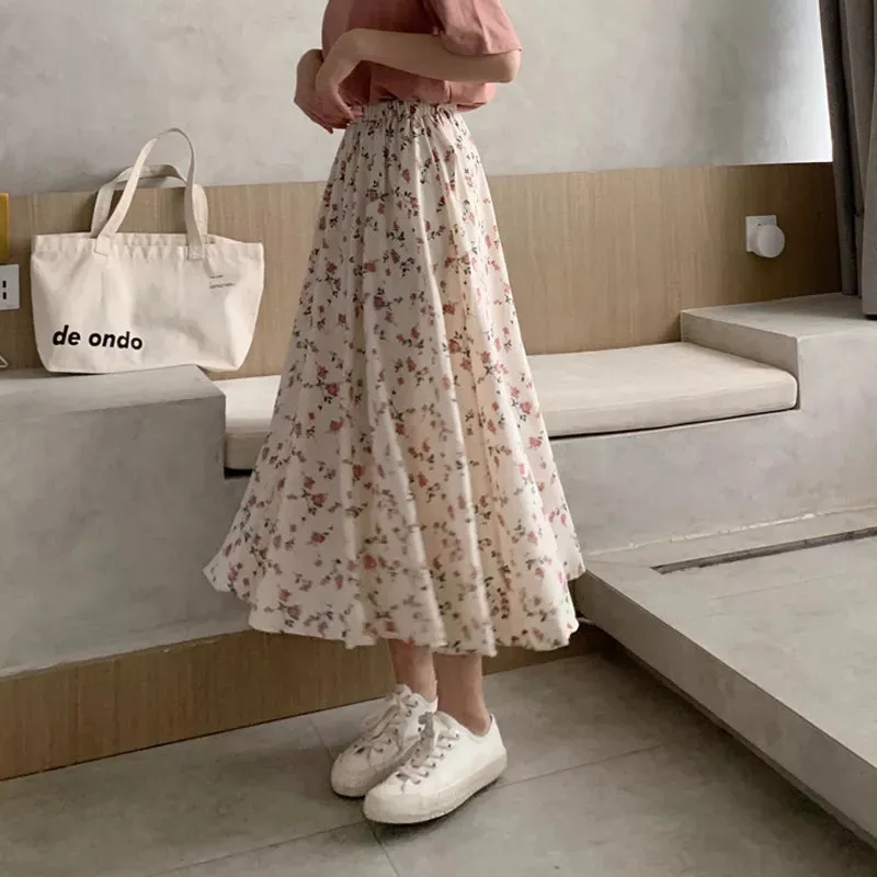 Aiertu Vintage Floral Print A-line Pleated Long Skirts Summer Women Korean Skirt Streetwear Drawstring Elastic Waist Midi Skirt