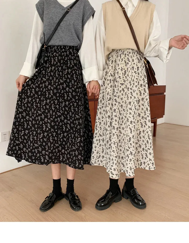 Aiertu Vintage Floral Print A-line Pleated Long Skirts Summer Women Korean Skirt Streetwear Drawstring Elastic Waist Midi Skirt