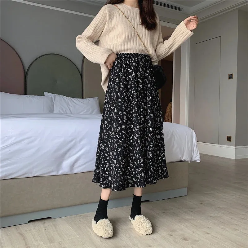 Aiertu Vintage Floral Print A-line Pleated Long Skirts Summer Women Korean Skirt Streetwear Drawstring Elastic Waist Midi Skirt