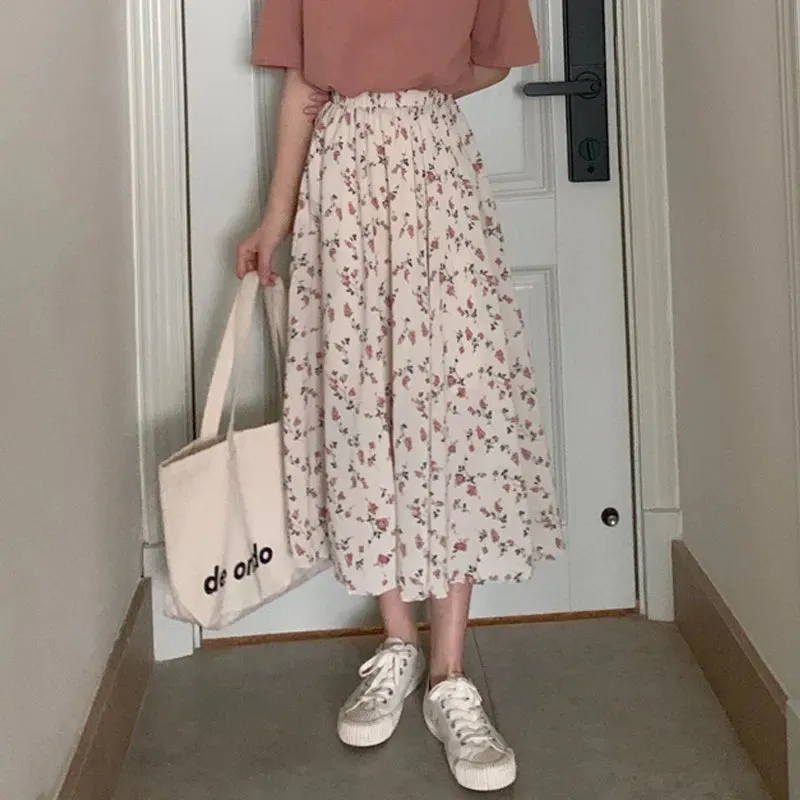 Aiertu Vintage Floral Print A-line Pleated Long Skirts Summer Women Korean Skirt Streetwear Drawstring Elastic Waist Midi Skirt