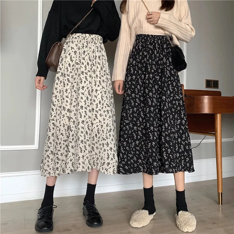 Aiertu Vintage Floral Print A-line Pleated Long Skirts Summer Women Korean Skirt Streetwear Drawstring Elastic Waist Midi Skirt