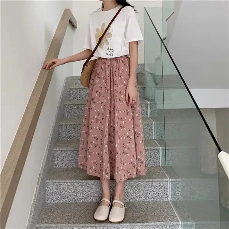 Aiertu Vintage Floral Print A-line Pleated Long Skirts Summer Women Korean Skirt Streetwear Drawstring Elastic Waist Midi Skirt