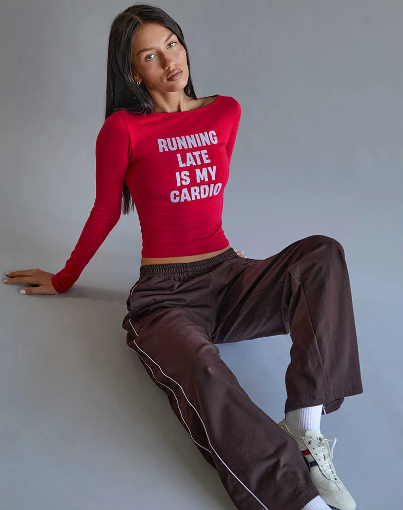 Amabon Long Sleeve Top in Adrenaline Red with Running Late Slogan