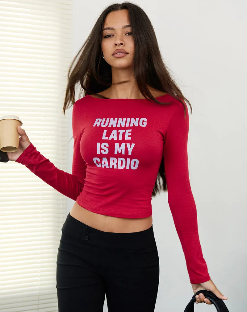 Amabon Long Sleeve Top in Adrenaline Red with Running Late Slogan