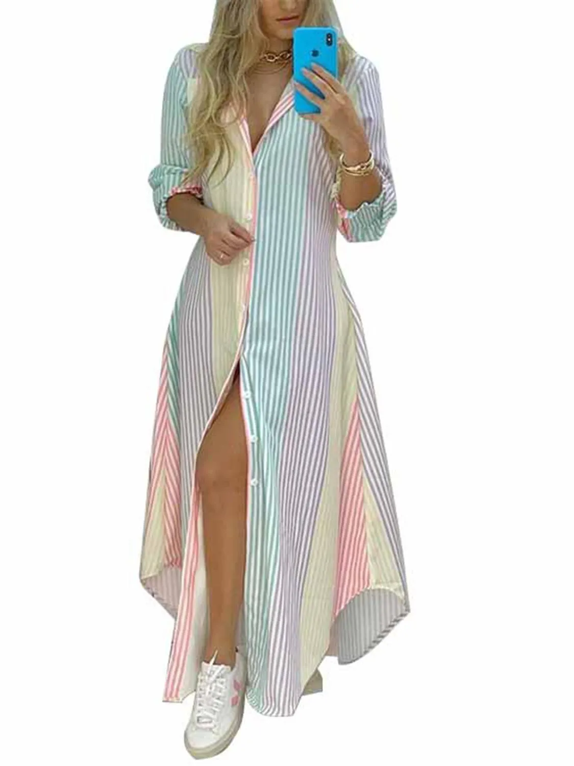 Amozae-Gradient Color Button Front Maxi Dress