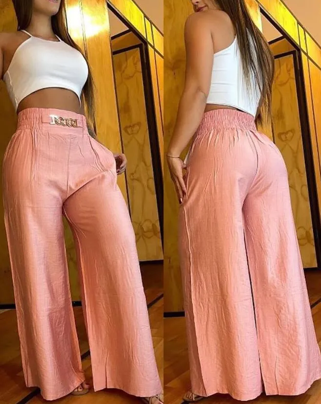 Amozae Women Pants 2023 Summer Fashion Chain Decor High Casual Plain Pocket Design Waist Wide Leg Daily Vacation Long Pants Streetwear