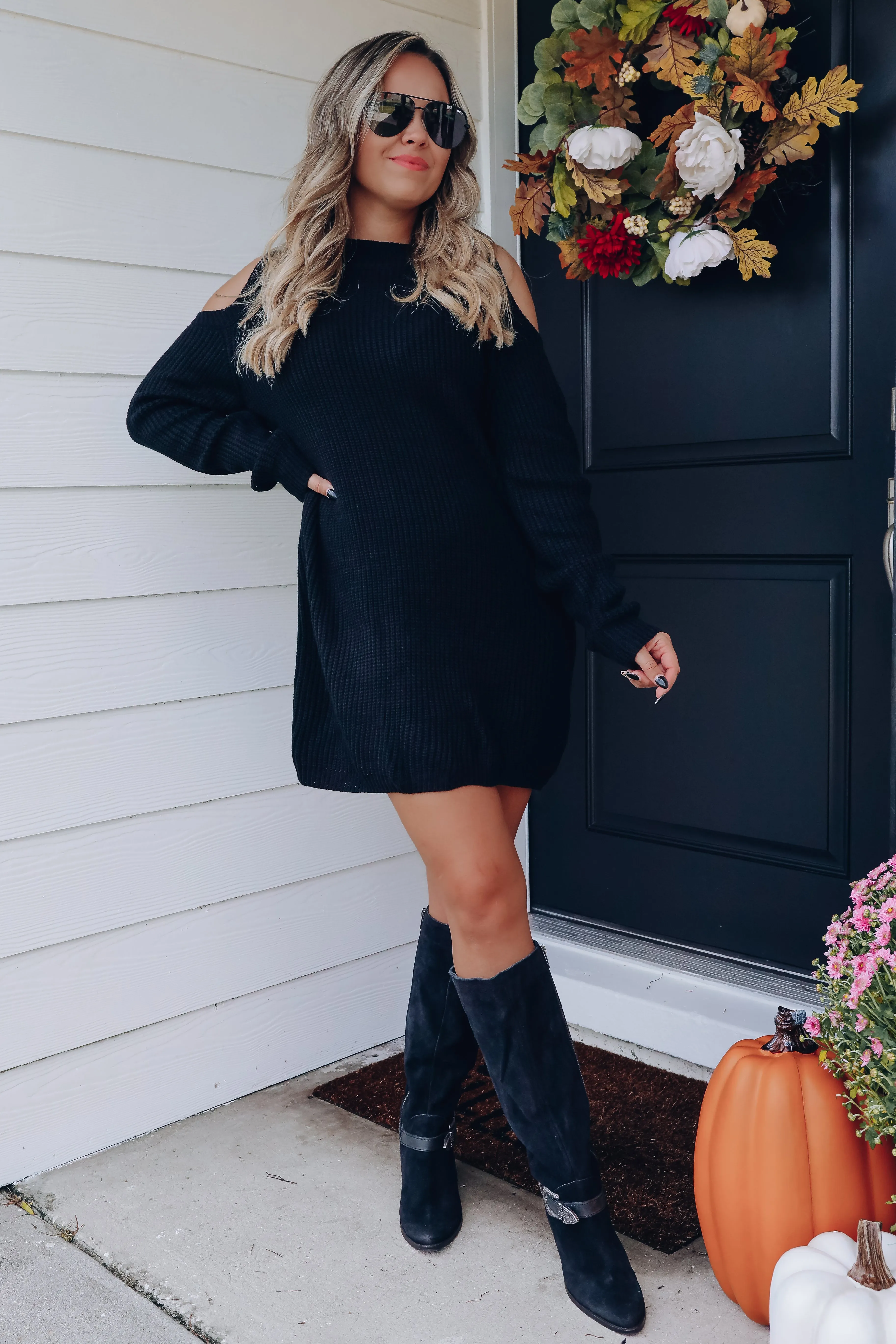 At Last Cold Shoulder Sweater Dress - Black