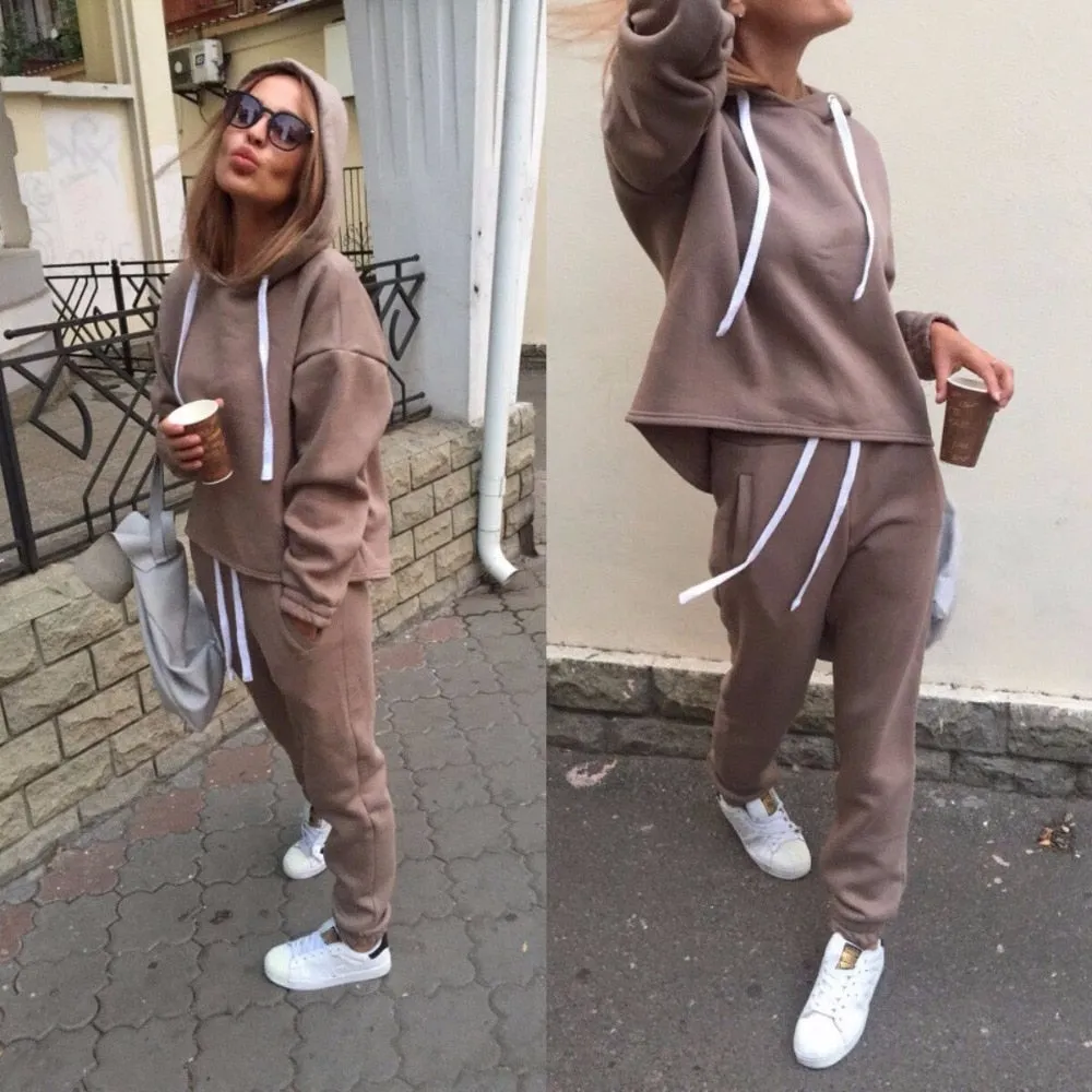 Autumn Tracksuit Long Sleeve Thicken Hooded Sweatshirts 2 Piece