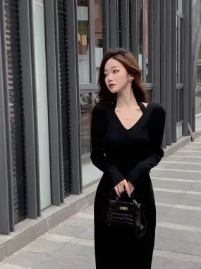 Autumn Winter Knit Kntted Sweater Halter Bodycon Black Midi Dress Women Vintage Wrap Sexy Elegant Dresses Party