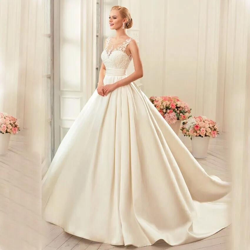 Backless Satin A Line Wedding Dress Chapel Train Bridal Gown