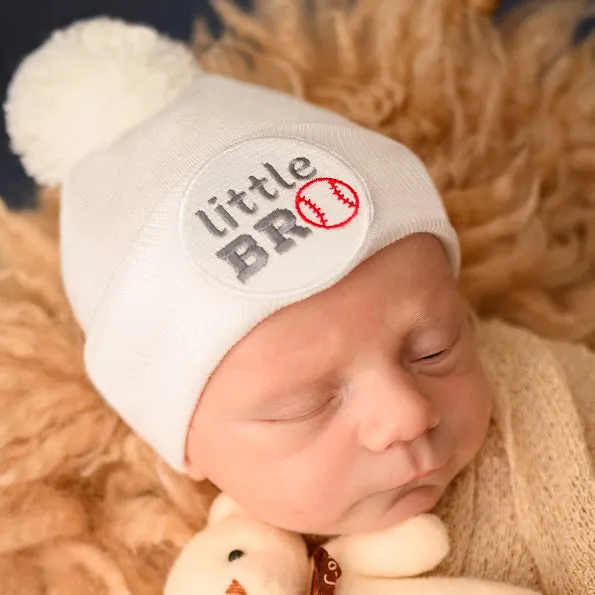 Baseball White Little BRO with White Pom Pom - Little BRO Baby Boy hat for newborn boys hospital hat